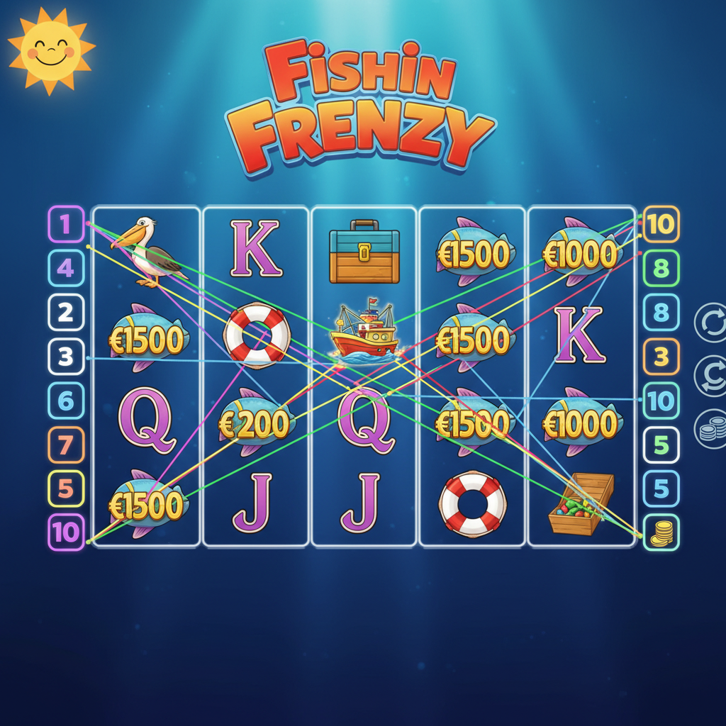 Fishin' Frenzy showing all 10 win lines active on the 5x3 reels, the recommended strategy for optimal RTP