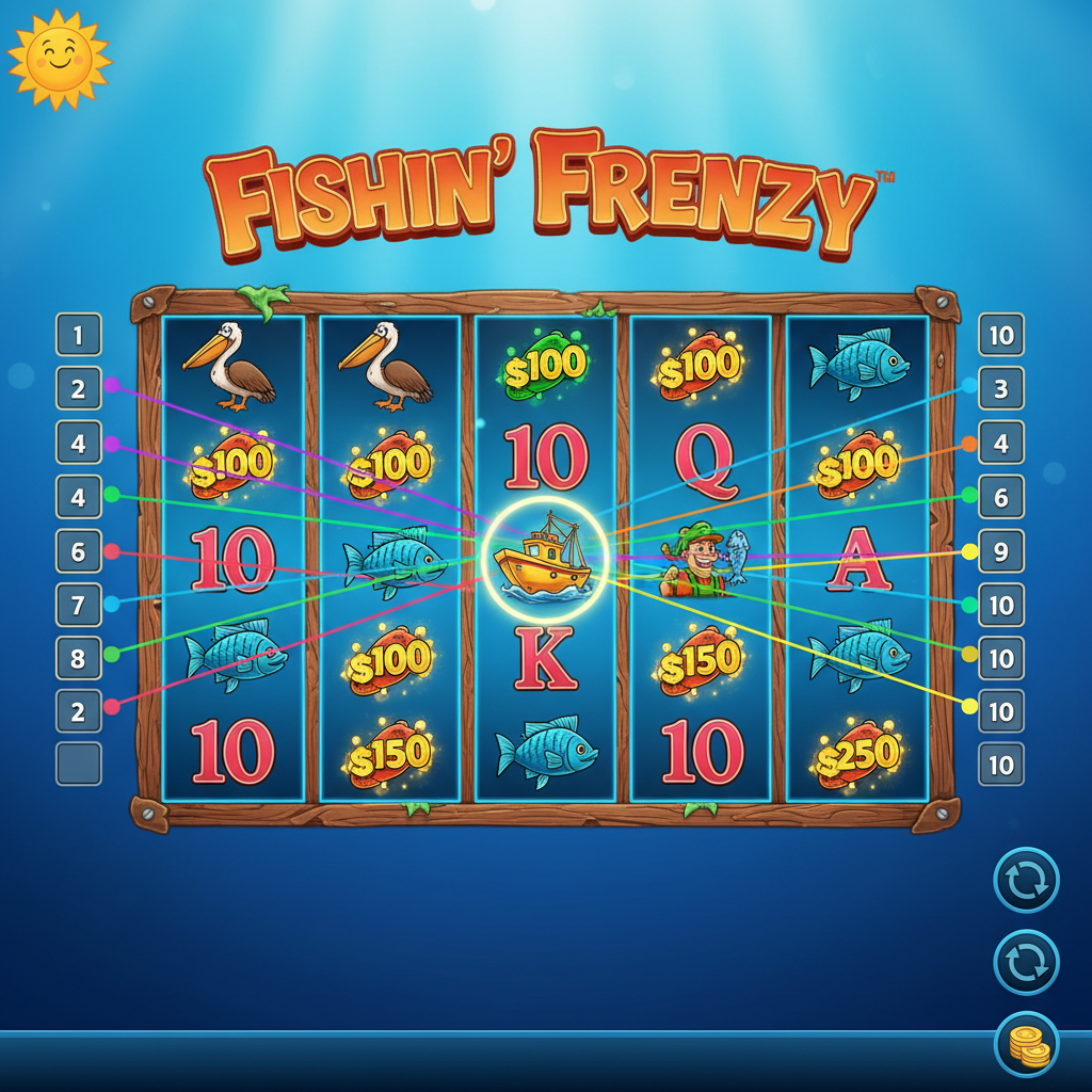 Fishin' Frenzy 5x3 reel grid layout showing all 15 symbol positions with numbered payline indicators on both sides