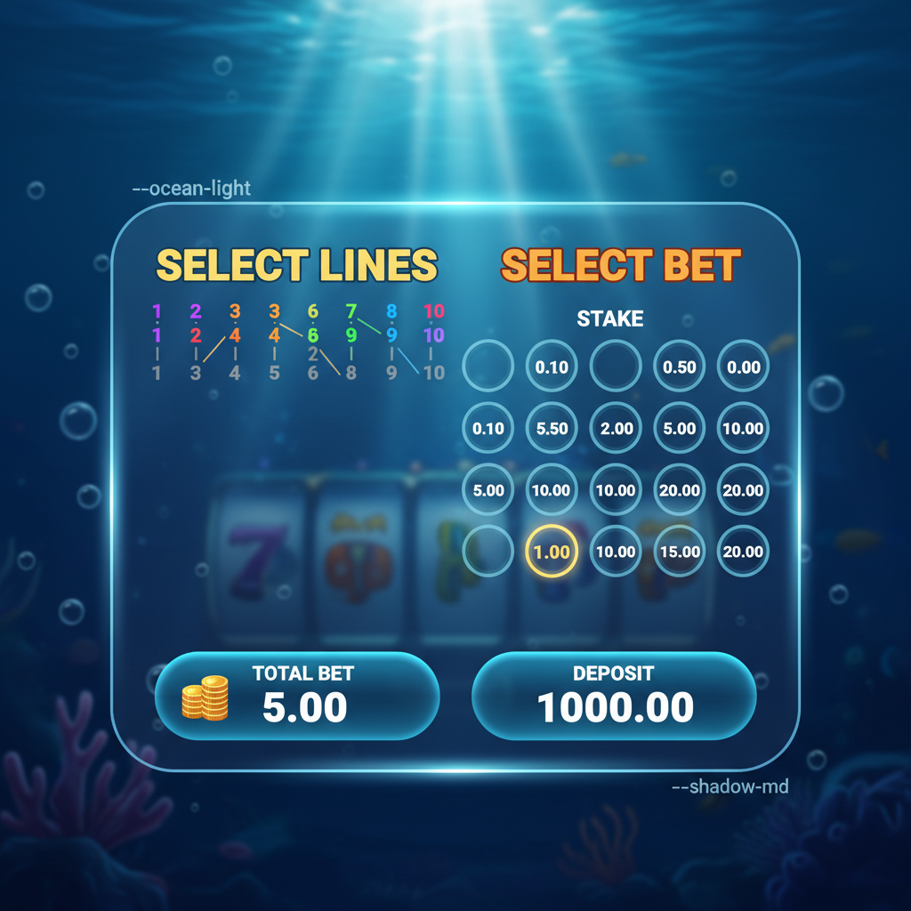 Fishin' Frenzy betting menu showing stake selection options from £0.10 to £200 and win line selector