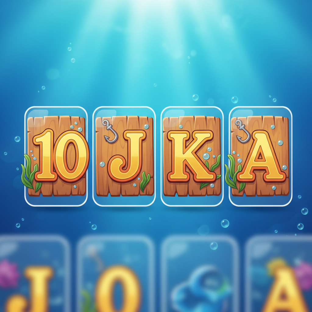 Fishin' Frenzy lower-value playing card symbols 10, J, Q, K and A displayed on the reels