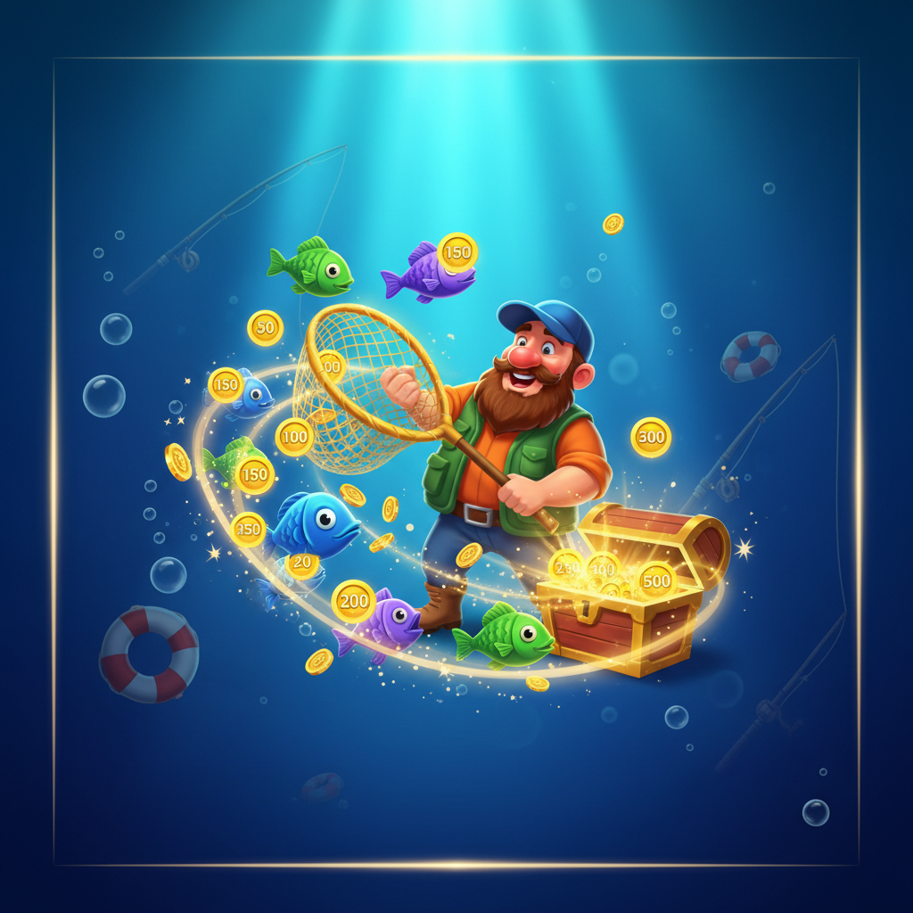 Fishin' Frenzy Fisherman Wild symbol collecting cash prize values from Fish Money Symbols during the Free Games bonus round