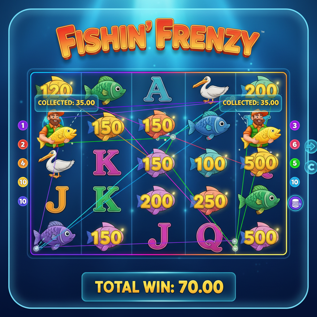 Fishin' Frenzy Free Games bonus screen showing two Fisherman Wild symbols alongside Fish Money Symbols with cash values on the reels