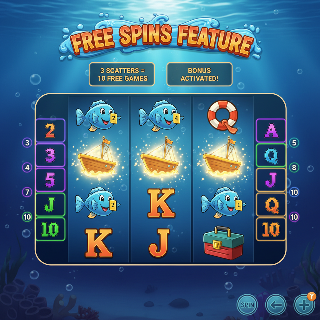 Fishin' Frenzy Free Spins triggered by three Boat Scatter symbols landing on the 5x3 reels