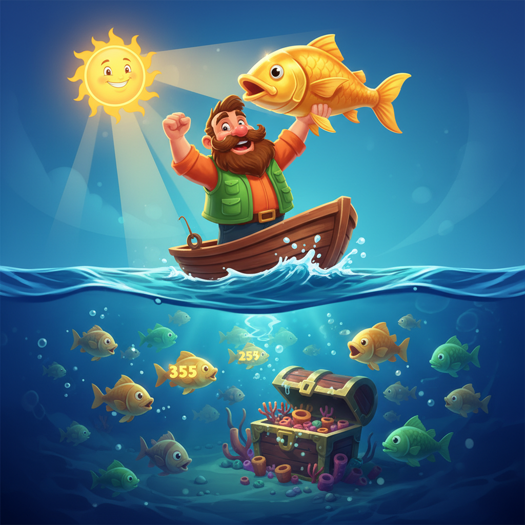 Fishin' Frenzy slot main game screen showing 5x3 reel grid with underwater ocean background, orange-red title text and coloured paylines