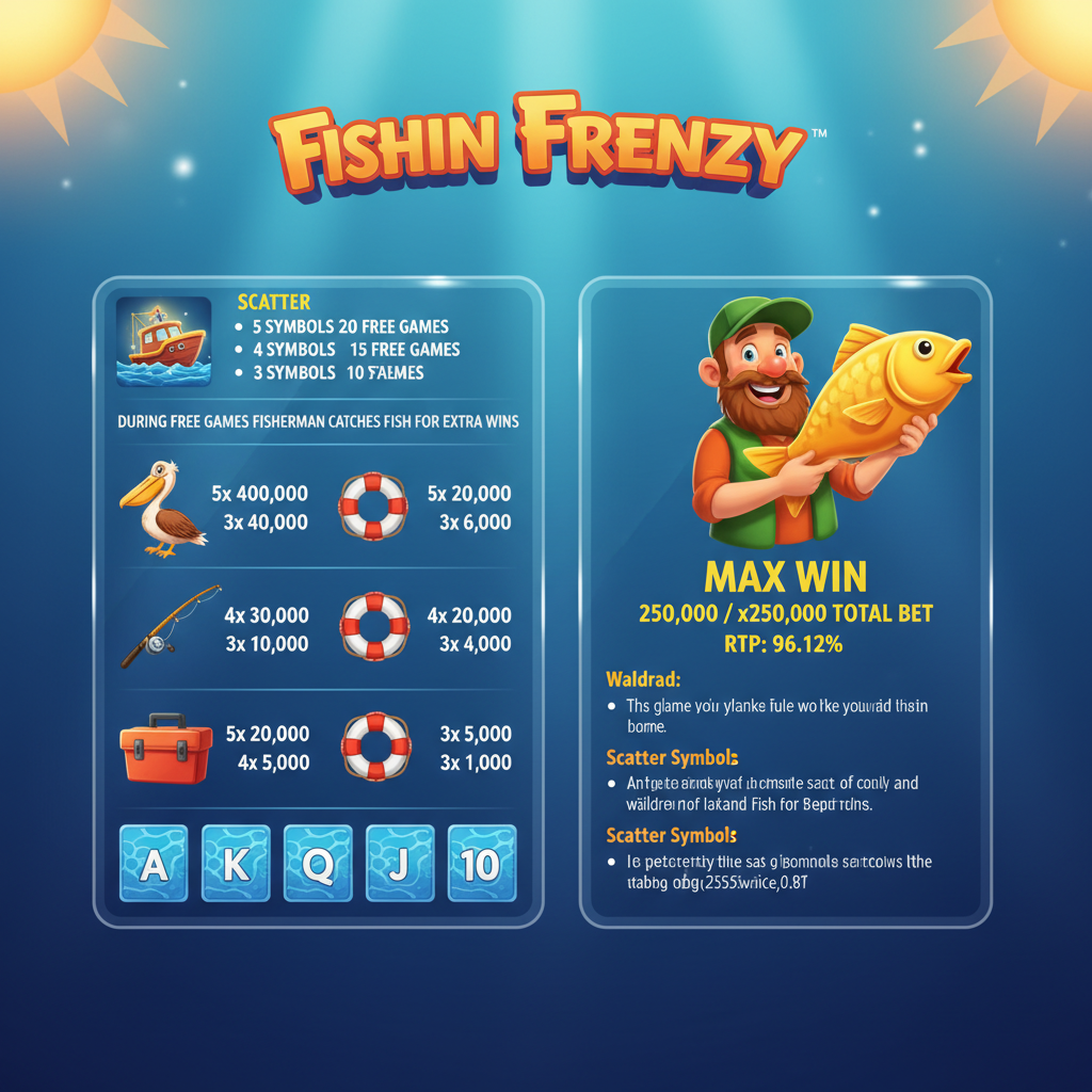 Fishin' Frenzy paytable screen showing maximum win potential of x250,000 and RTP of 96.12% with full payout table