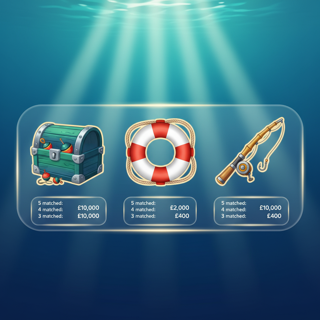 Fishin' Frenzy mid-tier symbols including Tackle Box, Life Preserver Ring and Fishing Rod with their payout values